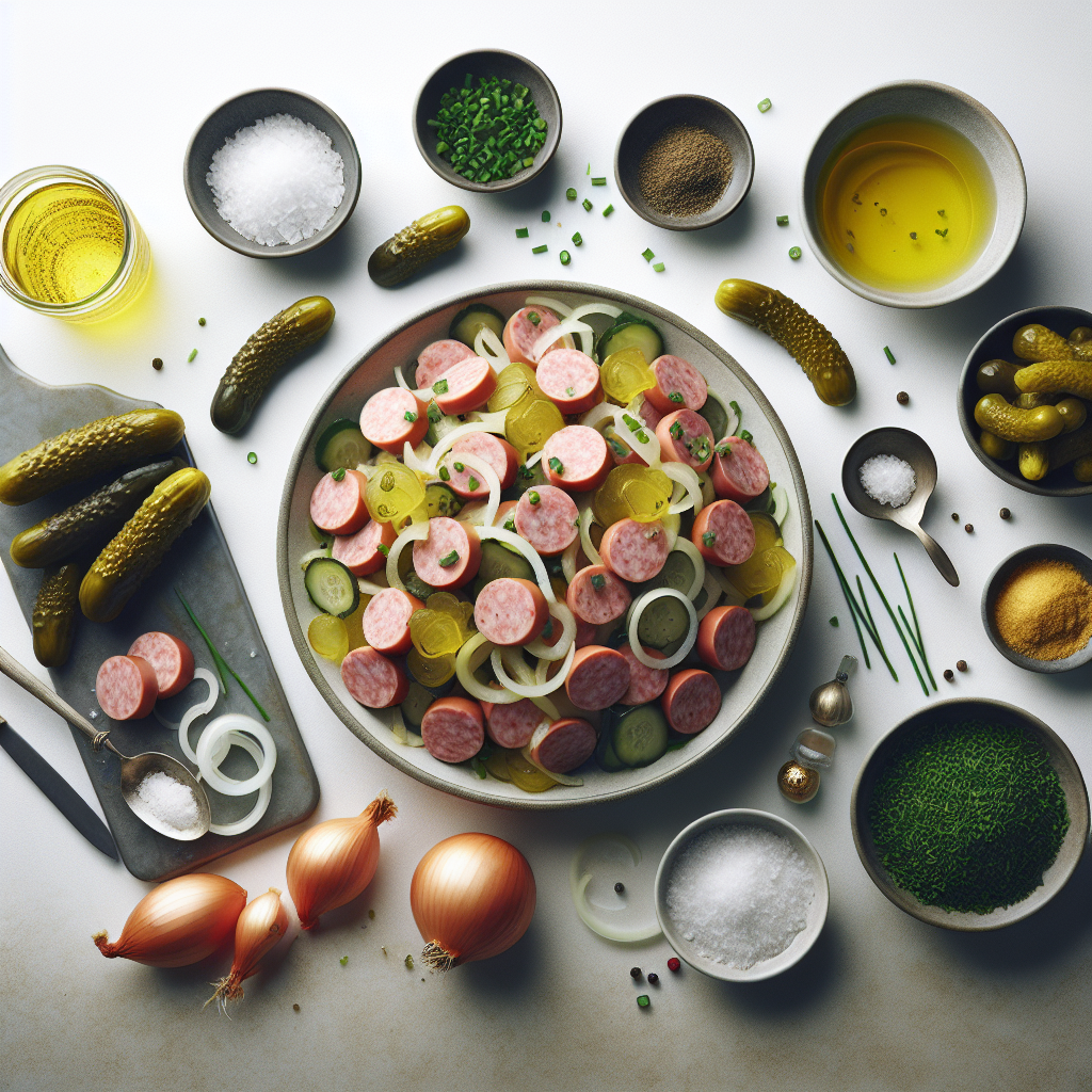 Wurstsalat is a classic German salad that's popular in many parts of Europe, especially in Germany, Switzerland, and Austria. It consists of thinly sliced sausages, typically a type of Lyoner, cervelat, or Swiss cheese sausage, mixed with crunchy pickles, onions, and a zesty dressing made from vinegar and oil.