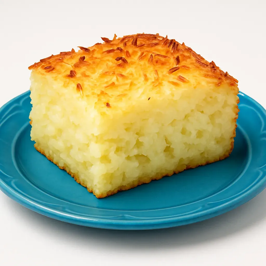 A dense and moist Brazilian dessert known as Bolo de Mandioca, which offers a unique blend of flavors with each bite.