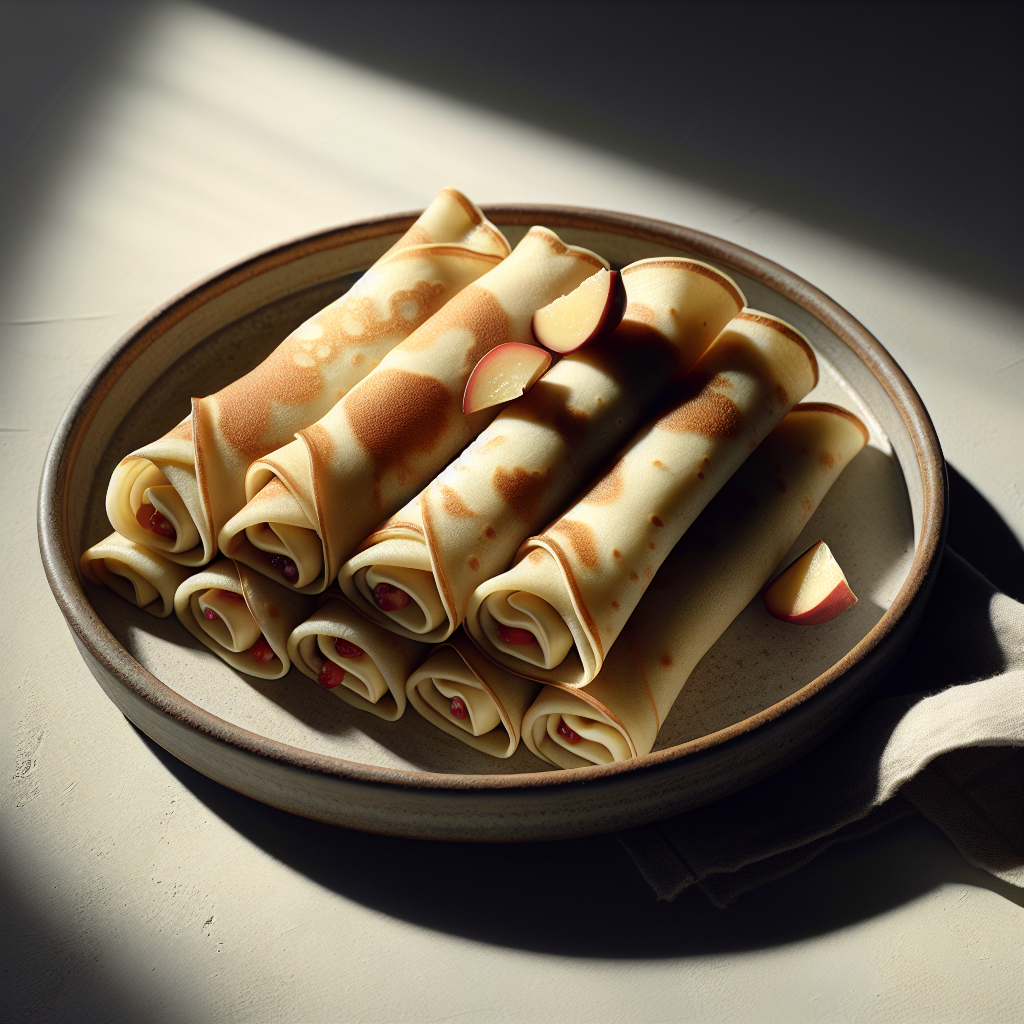 Nalysnyky is a delicate and savory Ukrainian dish consisting of thin crepes rolled with a rich filling. The traditional recipe features a smooth, slightly elastic crepe filled with a hearty combination of cottage cheese, cooked and crumbled bacon, chives, and sometimes dill for an added depth of flavor.