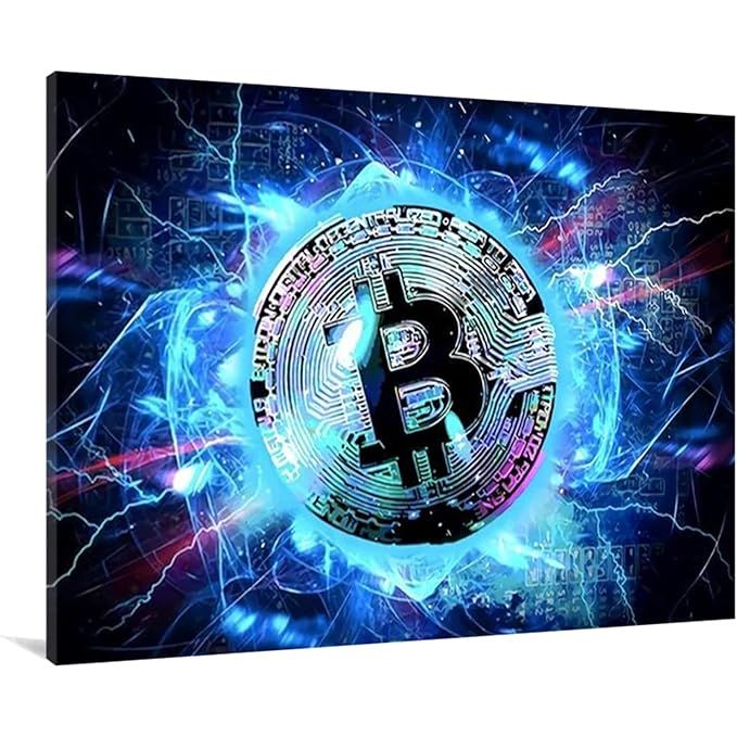 The Canvas Wall Art Electric Bitcoin Canvas Print is a modern and stylish piece of artwork that features a design of the Bitcoin currency symbol. The canvas print is 12x18 inches in size and comes framed and ready to hang, making it easy to add to any living room, dining room, bedroom, bathroom, or home office space.