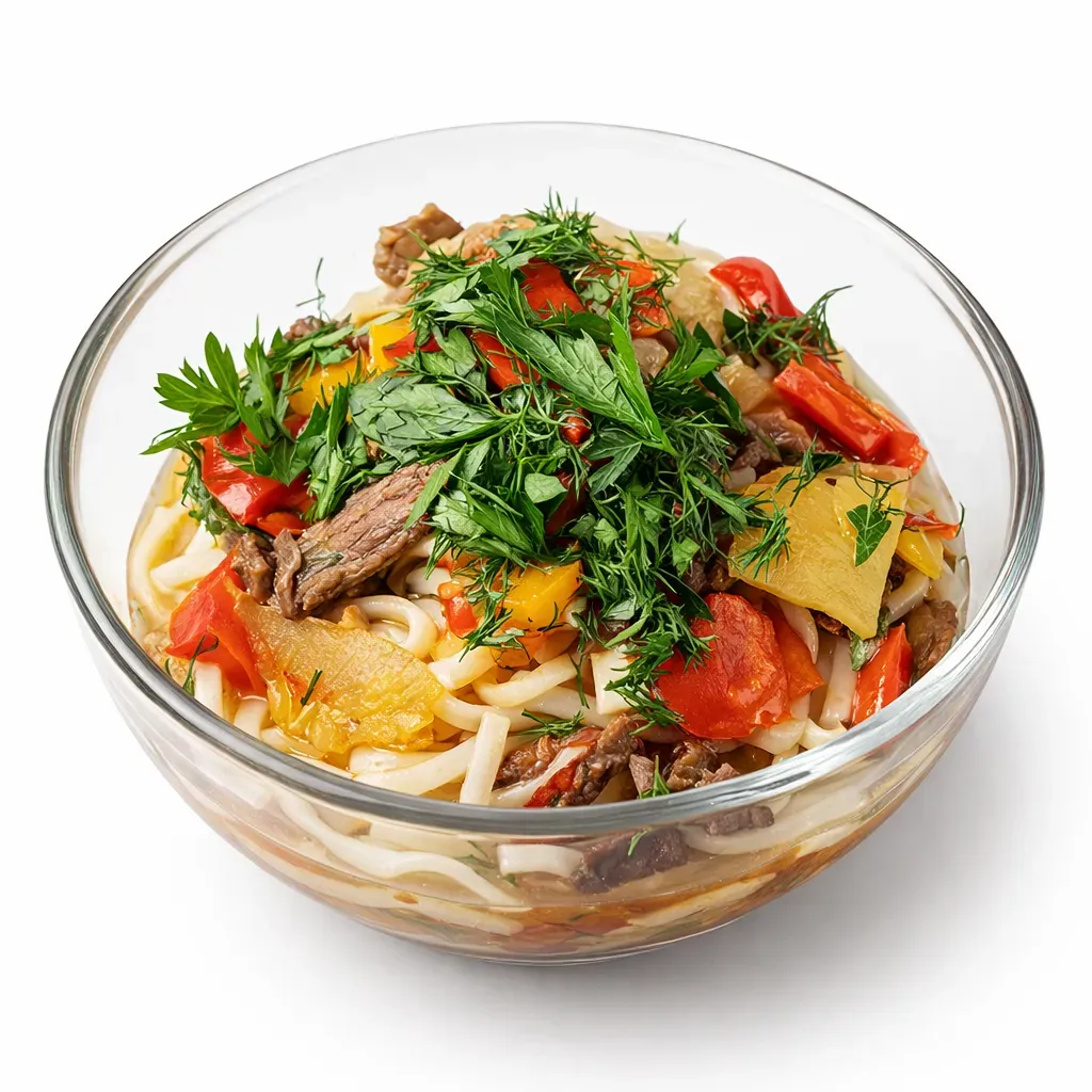 A traditional Central Asian noodle dish featuring hand-pulled noodles served with a hearty meat and vegetable sauce, perfect for a comforting main course.