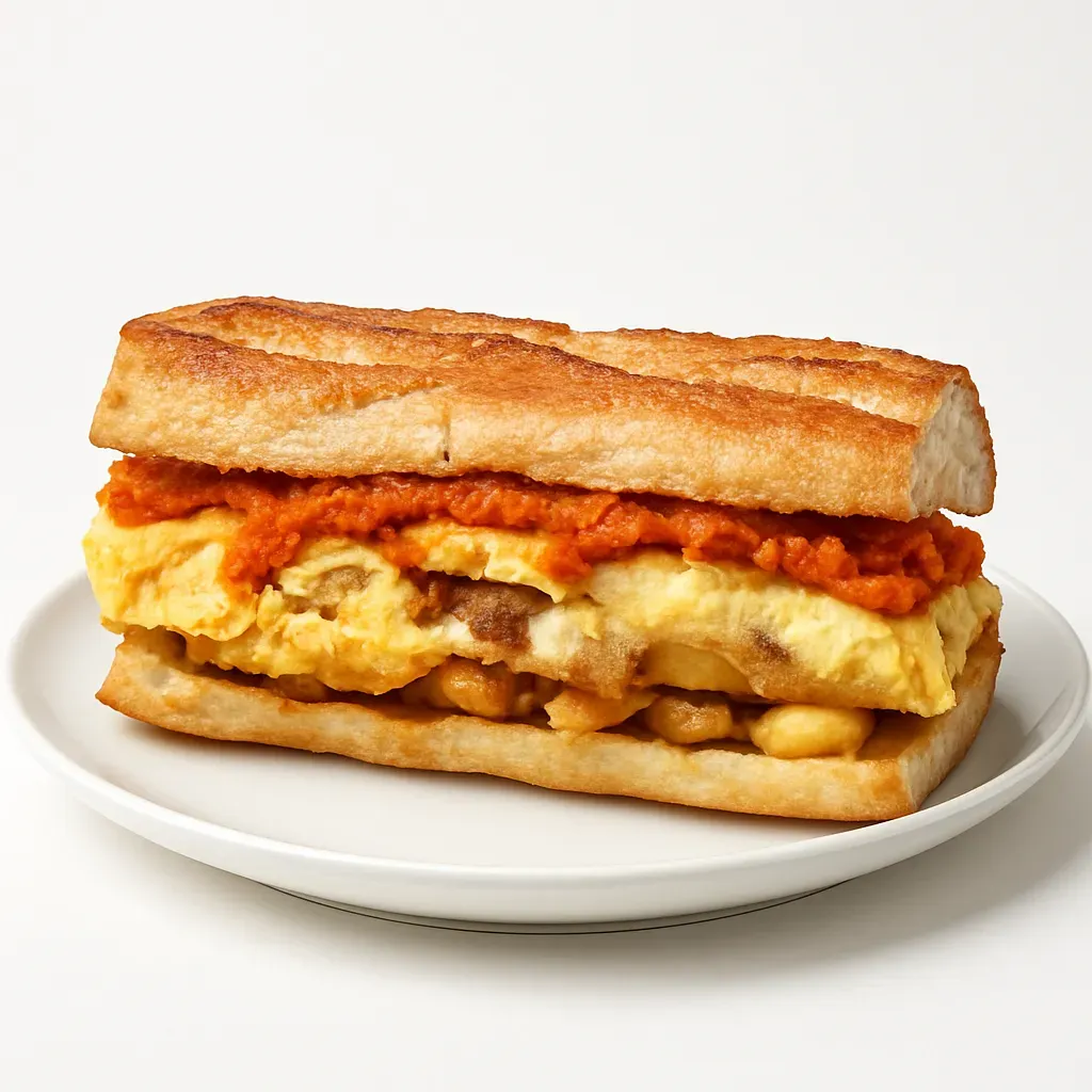 A delectable Algerian street food, this sandwich combines a spicy vegetable sauce with a hearty omelette and crisp fries, all nestled within a toasted baguette, making it perfect for brunch or a quick snack.