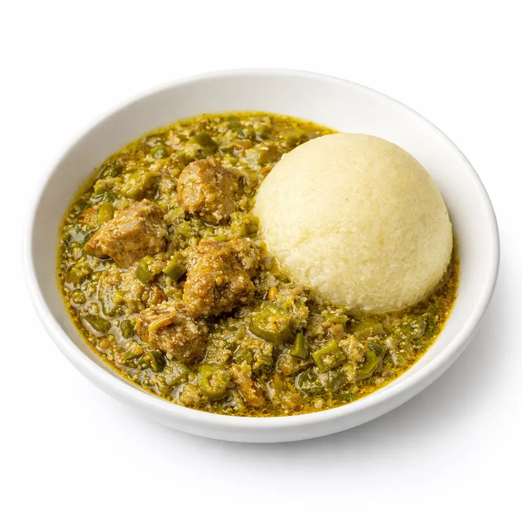 A traditional dish from Chad combining a rich and flavorful okra sauce with comforting corn fufu, perfect for a hearty meal.