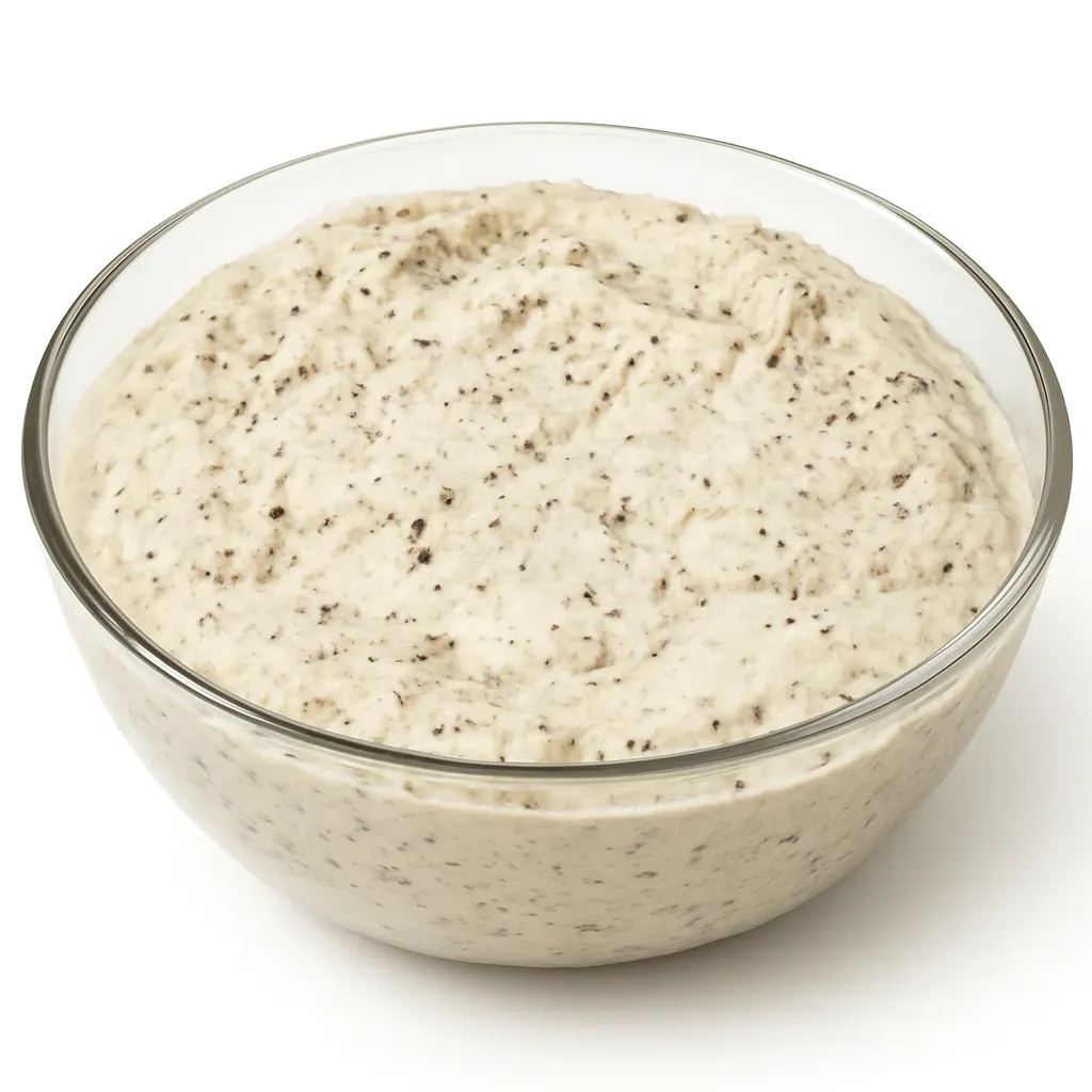 A no-bake Brazilian dessert featuring layers of cream, cupuaçu pulp, Maria biscuits, and garnished with grated Brazil nuts.