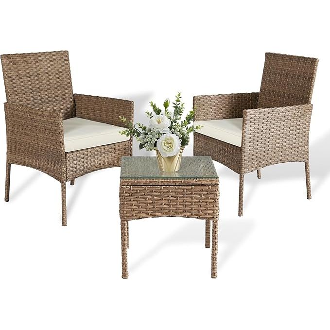 The 3 Pieces Patio Set Balcony Furniture Sets for Apartments is a convenient and compact option for those living in apartments or condos with limited outdoor space. This bistro furniture set includes a comfortable chair, a matching table, and removable cushions in a beige color, making it a stylish addition to any balcony, porch, or garden.