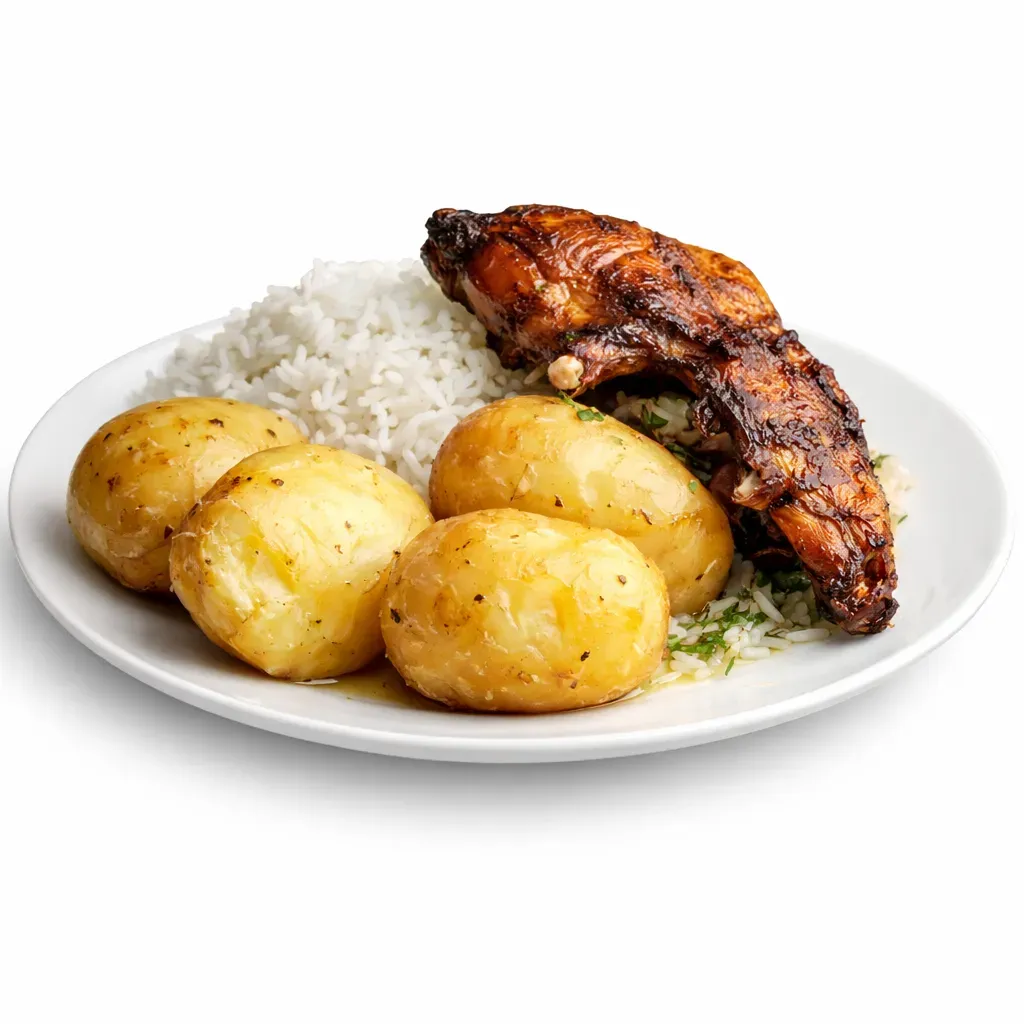 A traditional Ecuadorian dish featuring charcoal-grilled guinea pig, showcasing authentic flavors with a crispy skin and succulent meat, often served with boiled potatoes, white rice, and a fresh green salad.