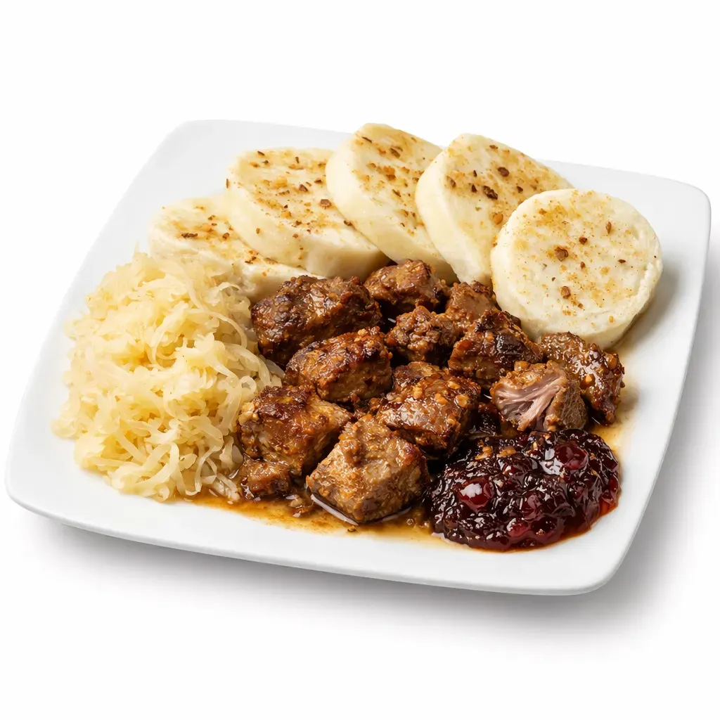A classic Czech dish featuring roasted pork with a crispy exterior paired with sweet and sour sauerkraut, offering a comforting main course for any occasion.