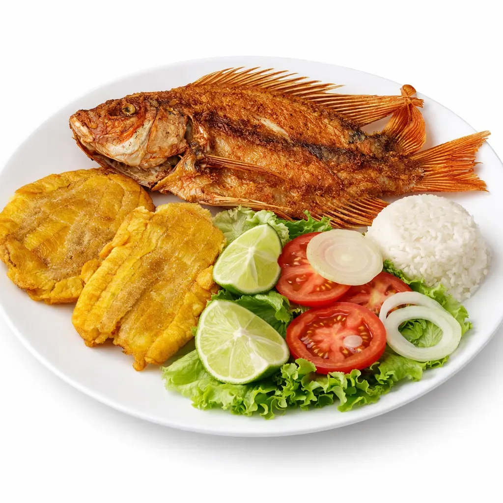 Indulge in this authentic Colombian dish featuring fried whole Mojarra fish accompanied by crispy twice-fried plantains, known as Patacones. The dish is served with a fresh salad and white rice, providing a harmonious feast for the senses.