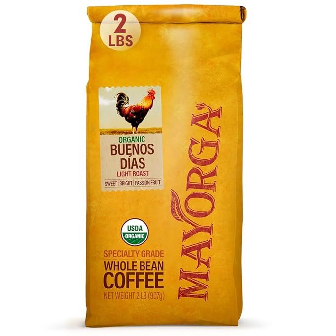 Mayorga Coffee Buenos Días Blend is a bright light roast coffee available in a 2 lb bag. This organic coffee is made from 100% Arabica whole beans, providing a high-quality and flavorful experience. The blend features sweet notes of passion fruit, creating a smooth finish that is sure to please coffee enthusiasts.