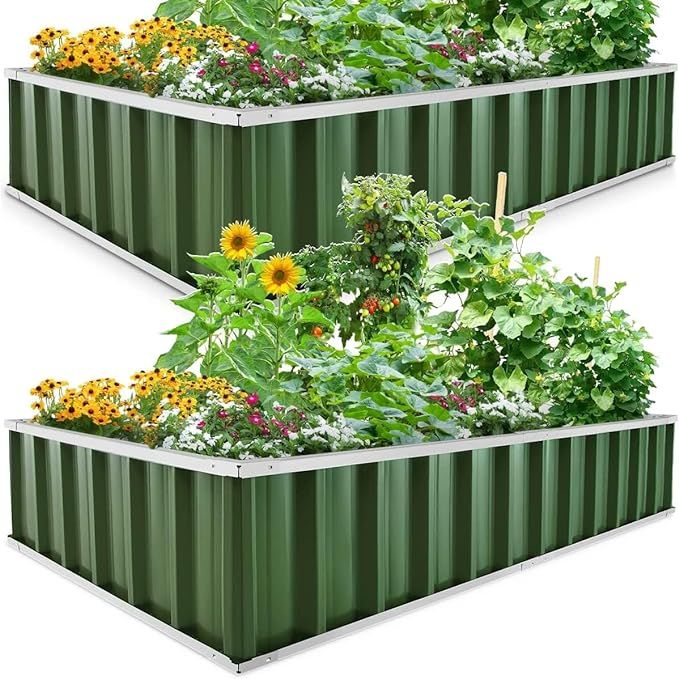 The KING BIRD Raised Garden Bed is a set of two galvanized steel planter boxes designed for growing vegetables, flowers, fruits, and herbs in an outdoor setting. Each bed measures 68 inches long, 36 inches wide, and 12 inches high, providing plenty of space for a variety of plants.