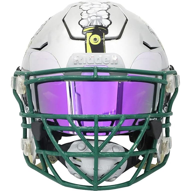 A clear football visor is a protective shield that attaches to a football helmet to provide added protection for the eyes and face during games or practices. It is made of a durable and impact-resistant material, such as polycarbonate, that helps to prevent injuries from flying debris, collisions, or contact with other players.