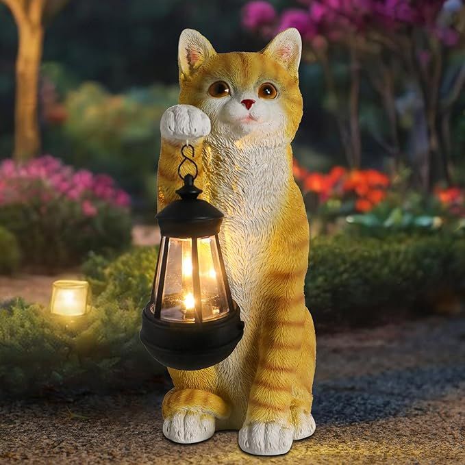 Add a touch of whimsical charm to your outdoor space with this unique orange cat garden statue with a lantern in its paw. The playful design seamlessly blends feline grace with subtle illumination, creating a warm and inviting atmosphere in your garden or courtyard.