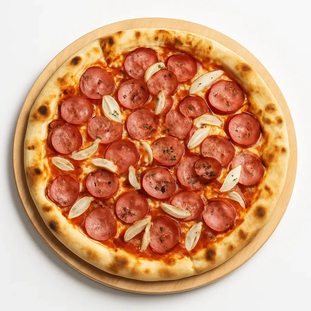 Experience the unique flair of São Paulo with this Calabresa Pizza that breaks tradition by eliminating mozzarella cheese, yet delivering exquisite flavor with rich ingredients. Enjoy a thin crust with a stuffed border and smoky toppings, bringing together Brazilian and Italian culinary traditions.