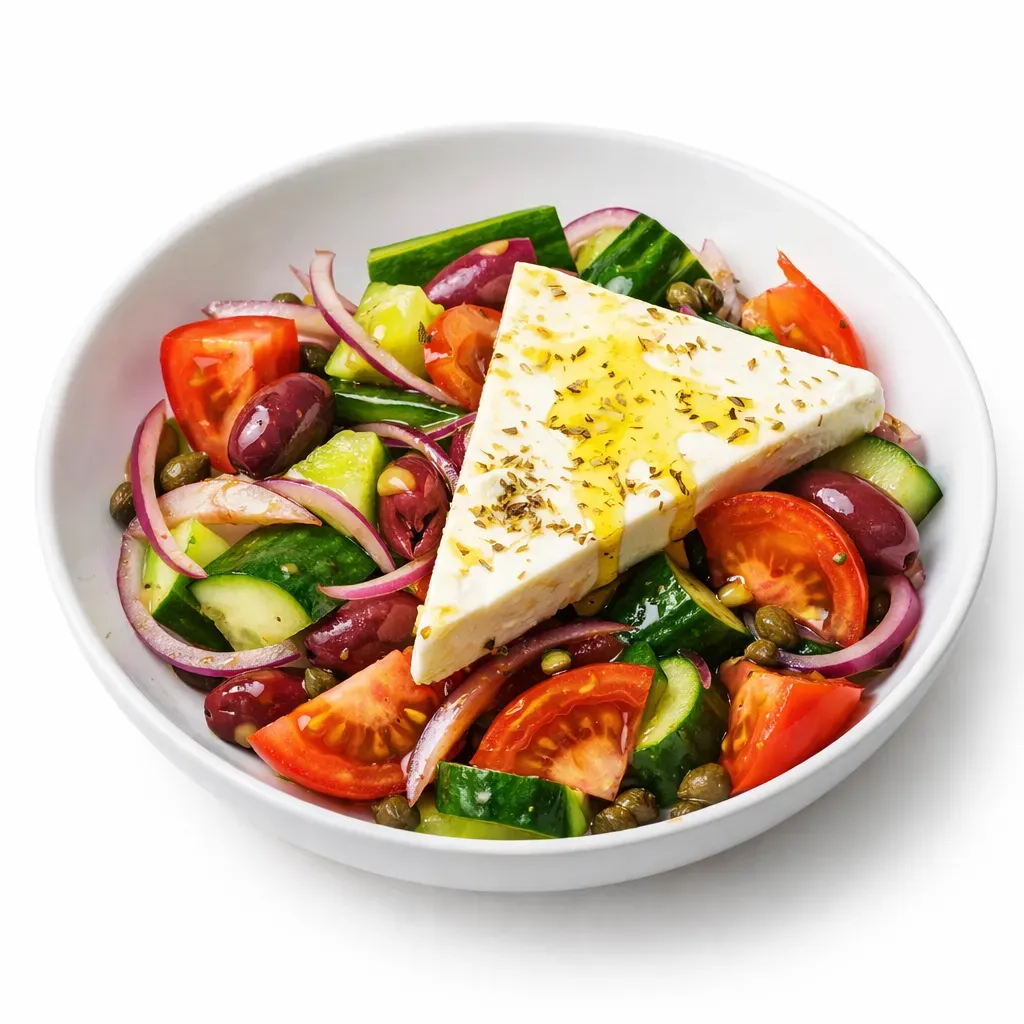 A traditional Mediterranean salad showcasing the vibrant flavors of fresh vegetables, seasoned with simple vinaigrette and topped with premium feta cheese.