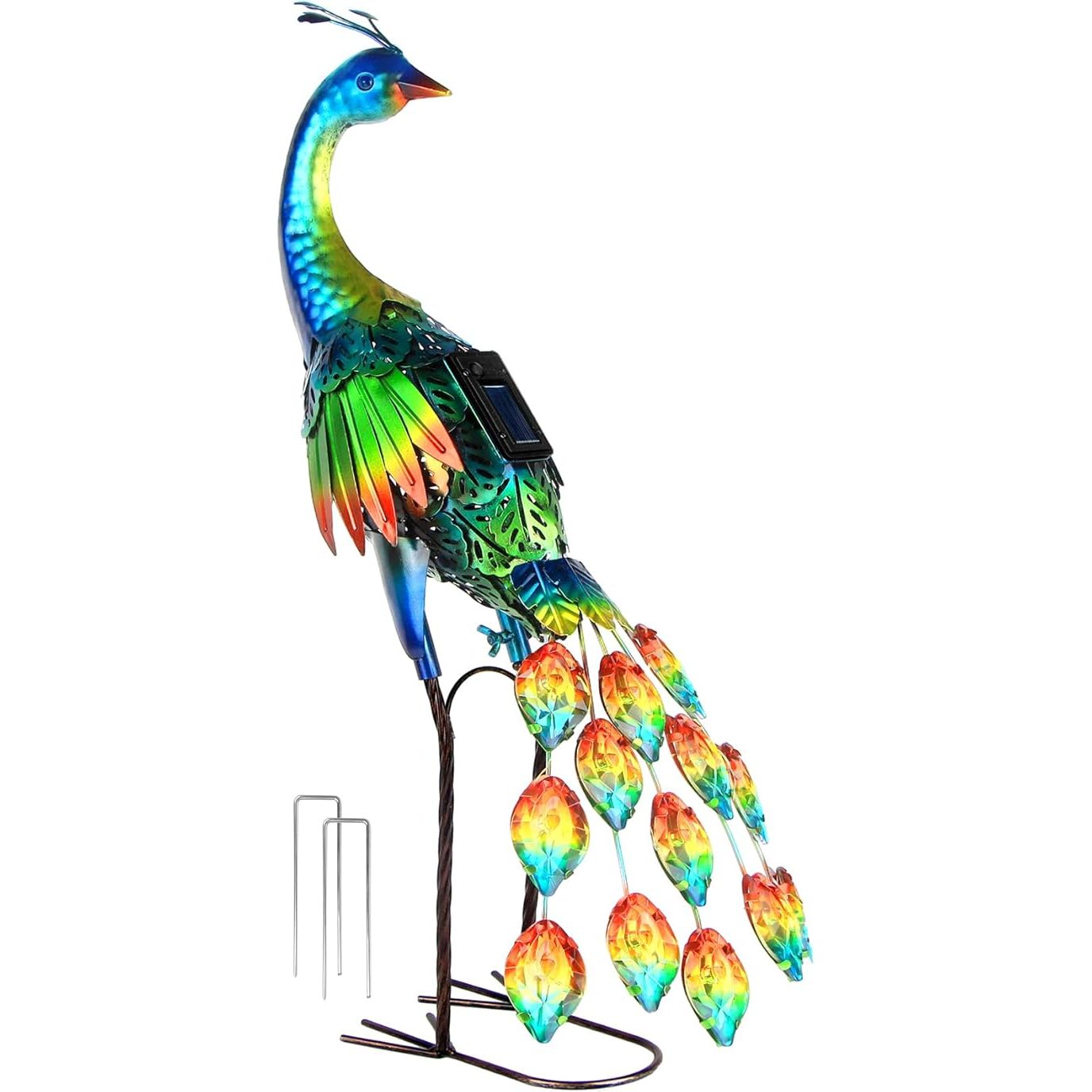 The Outdoor Solar Peacock Statue is a beautiful and ornate garden decor piece that adds a touch of whimsy and charm to any outdoor space. Made of metal, this sculpture features intricate detailing and vibrant colors to resemble a peacock, making it a unique and eye-catching addition to your garden or yard.