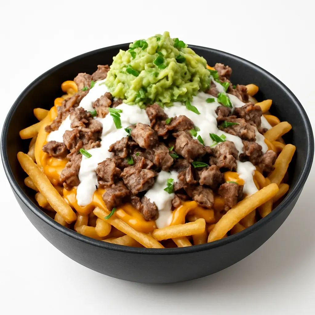 A vibrant and satisfying Mexican-inspired dish featuring marinated and grilled flap steak on crispy fries, topped with cheese sauce, guacamole, and zesty sauces.