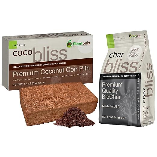 The Coco Coir 650gm Brick + Char Bliss (1 Qt) is an OMRI-listed product that combines organic coconut coir with biochar to create a nutrient-rich soil amendment for plants, herbs, and gardening.