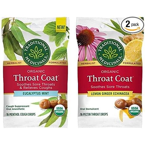 Traditional Medicinals Throat Coat Lozenges are a popular herbal remedy made from a blend of soothing herbs like licorice root and marshmallow root, designed to help support throat health and provide relief from discomfort associated with sore throats, coughs, and hoarseness. The lemon ginger flavor adds a pleasant taste to these lozenges, making them more palatable for those experiencing throat irritation.

This bundle includes two packs of the Traditional Medicinals Throat Coat Lozenges, each containing 16 lozenges. The combination of echinacea and eucalyptus mint in these lozenges provides additional immune support and respiratory benefits. Echinacea has been traditionally used to boost the immune system, while eucalyptus mint offers a refreshing menthol flavor that can help clear nasal passages and ease congestion.

These lozenges are made with high-quality, organic ingredients and are free from artificial colors, flavors, and preservatives. They are suitable for vegetarians and are Non-GMO Project Verified. Whether you are dealing with a sore throat, cough, or just looking for a natural way to support your immune system and respiratory health, the Traditional Medicinals Throat Coat Lozenges in Lemon Ginger Echinacea and Eucalyptus Mint flavor are a convenient and effective option to consider. Description by ChatGPT.