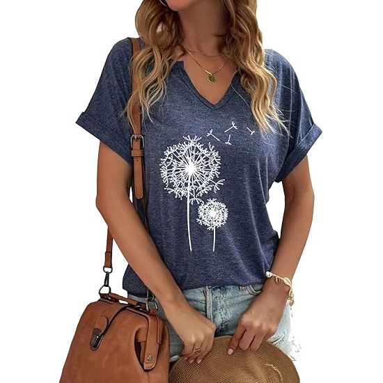 Women's Floral T-Shirts V-Neck Dandelion Sun Flower Graphic Casual Tee Boho Tops Cute Wildflowers Shirts image