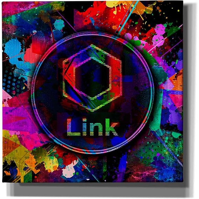 The Arte de parede em tela Epic Graffiti 'Link Crypto Coin Color' is a high-quality canvas wall art measuring 18"x18". The artwork features a vibrant and colorful design depicting the Link Crypto Coin, a popular cryptocurrency.