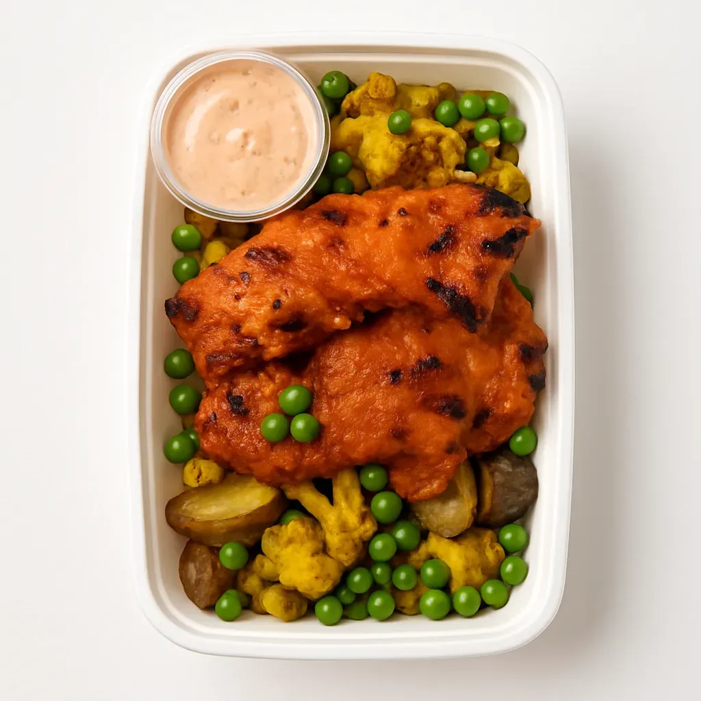 A delicious and nutritious Indian dish featuring Tandoori chicken, roasted potatoes, curried cauliflower, and Raita, perfect for meal prepping.