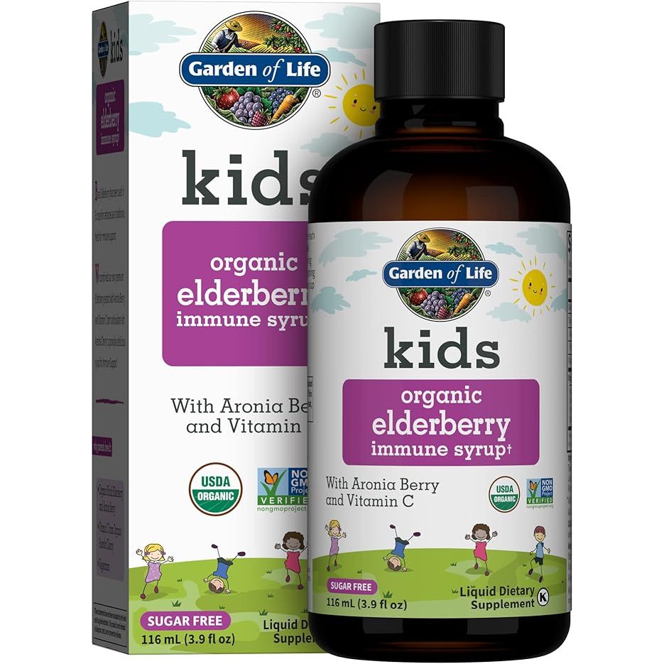 Garden of Life Organic Sambucus Elderberry Syrup for Kids is a sugar-free liquid supplement formulated to support children's immune systems. It contains elderberry extract, aronia berry, acerola cherry, and vitamin C to promote overall health and wellness.