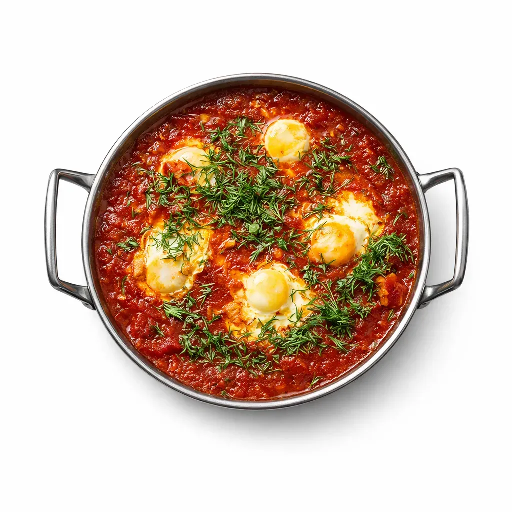 A delightful Israeli dish featuring eggs poached in a spicy tomato and pepper sauce, perfect for any meal of the day.