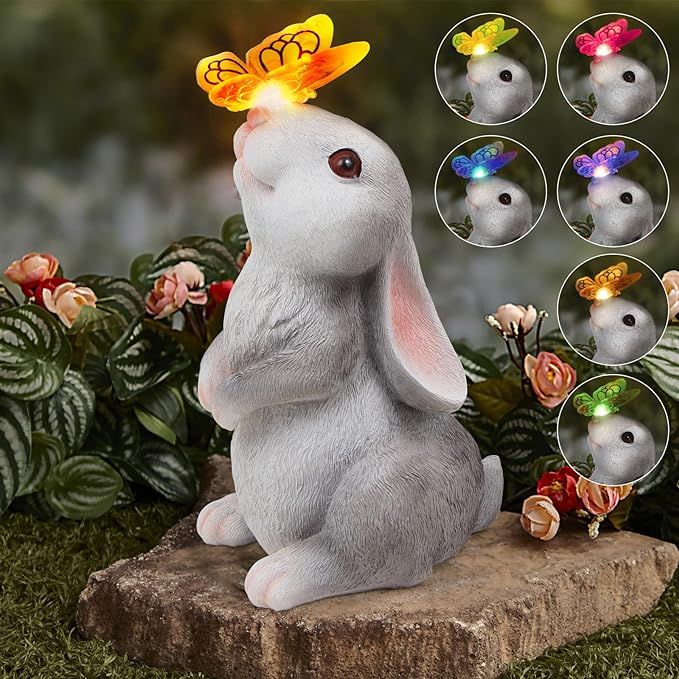 The Garden Statue Outdoor Decor-Rabbit with Solar Butterfly Changing Lights is a charming and decorative piece that adds a touch of whimsy to any outdoor space. Standing approximately 11 inches tall, this bunny statue is made of durable, weather-resistant resin that is designed to withstand the elements for long-lasting enjoyment.