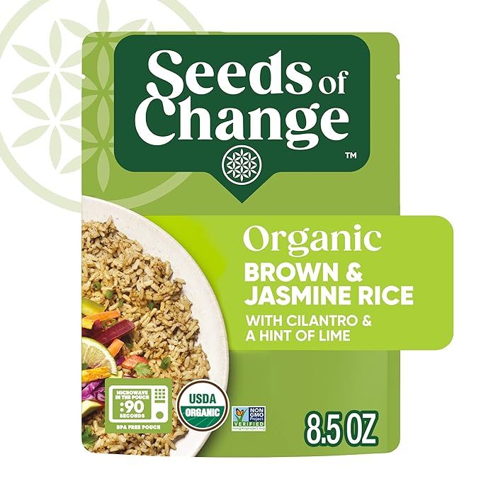 SEEDS OF CHANGE Organic Brown Jasmine Rice with Cilantro Lime is a ready-to-eat organic food product that comes in an 8.5 oz pouch. This product combines the nutty flavor of brown jasmine rice with the zesty taste of cilantro and lime, creating a delicious and convenient meal option.