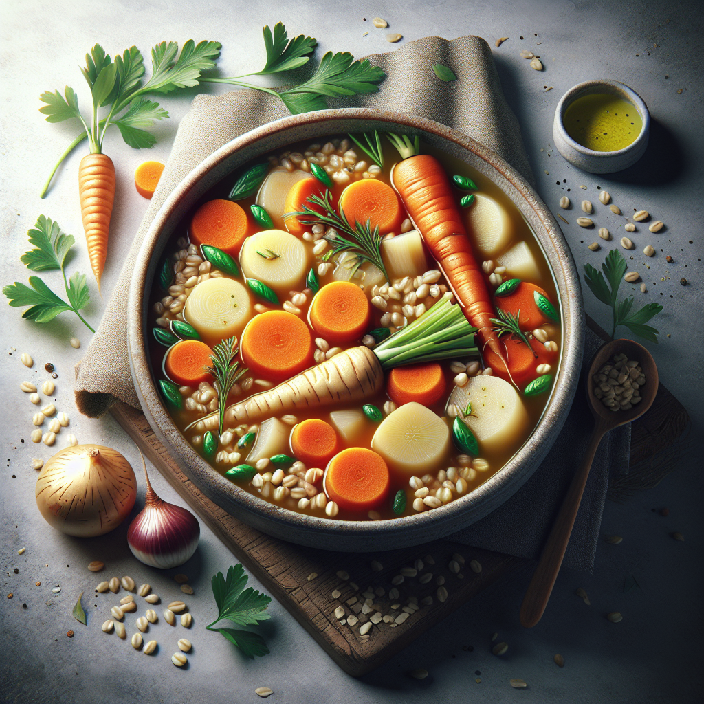 This vegetable broth is a comforting and nutritious concoction, simmered to perfection with a medley of root vegetables and pearl barley. The recipe brings together a rich blend of carrots, parsnips, turnips, onion, and garlic to create a base that is both sweet and earthy.