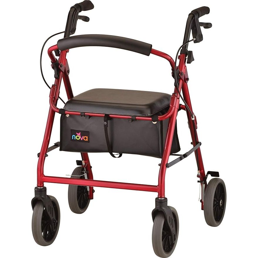 The NOVA Medical Products Zoom Rollator Walker with 22" Seat Height in Red is designed to provide support and stability for individuals who have difficulty walking. It features a 22-inch seat height, making it comfortable for taller users to sit and rest when needed.