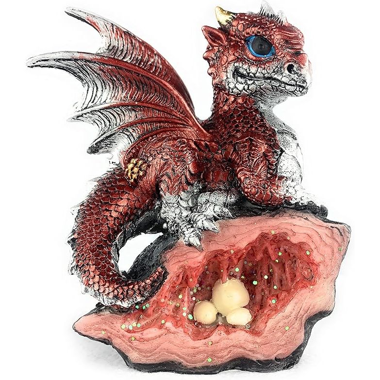 Add a touch of mystique and fantasy to your home or office with this exquisite dragon collectible. The dragon statue is depicted guarding a stunning blue rock geode, complete with dragon eggs sparkling within. Perfect for both seasoned dragon collectors and beginners alike, this piece is sure to be a standout addition to any collection.