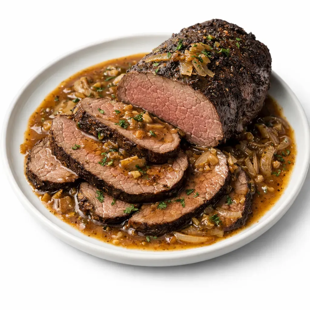 A rich and authentic North American dish featuring a tender caribou roast finished medium-rare, complemented by a savory onion-garlic gravy.