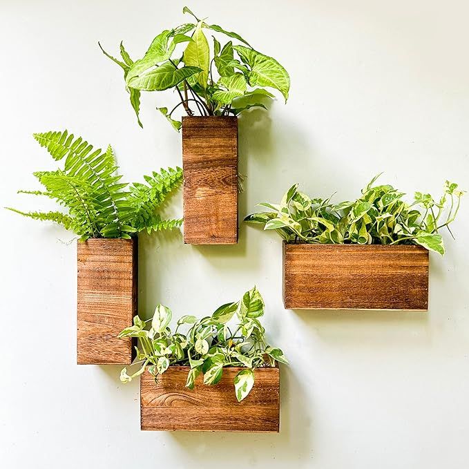 The LaLaGreen Wood Planter Box is a set of 4 wooden hanging wall planters designed for indoor plant holders or dried flower arrangements. These modern planters are perfect for decorating living rooms, bedrooms, kitchens, home offices, and more. The sleek design adds a touch of natural elegance to any space.
