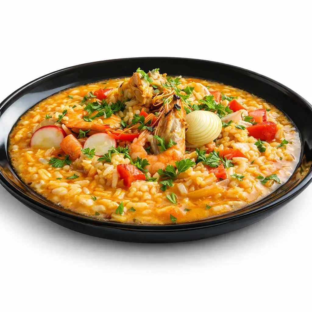 A delightful and easy one-pot seafood rice dish packed with a medley of seafood, aromatic spices, and vibrant vegetables, perfect for a cozy dinner.