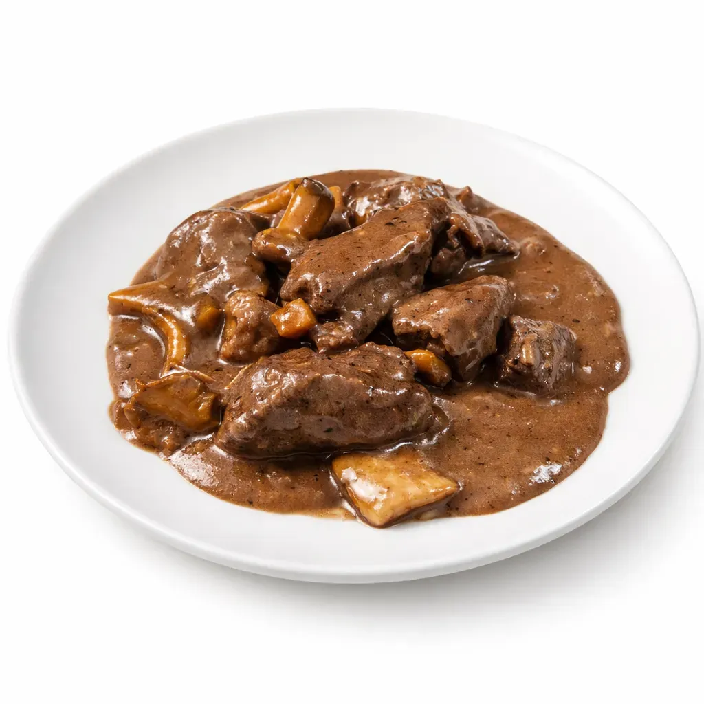 A rich and flavorful French venison stew marinated in red wine and complemented by sautéed wild mushrooms, showcasing the deep culinary traditions of France.