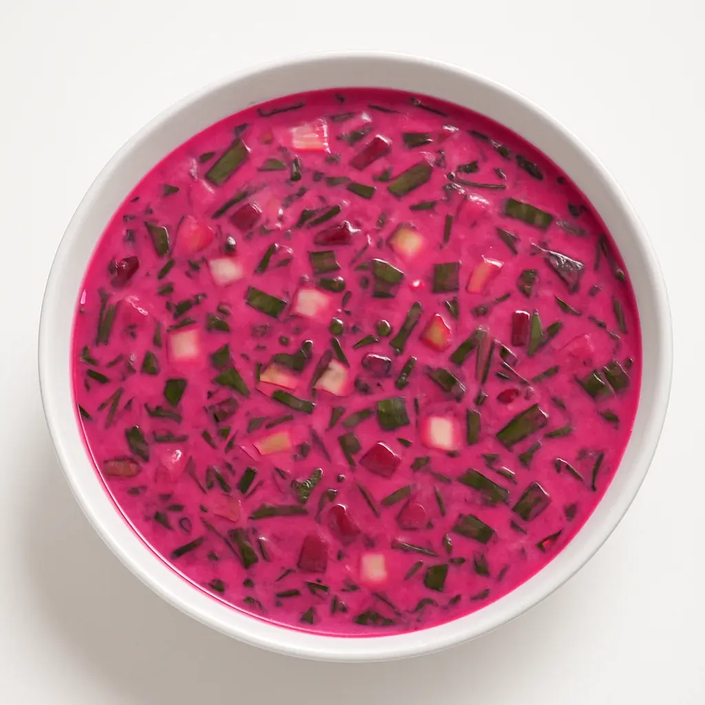 A refreshing and colorful cold soup from Belarus made with beets, kefir, and fresh vegetables, perfect for hot summer days.