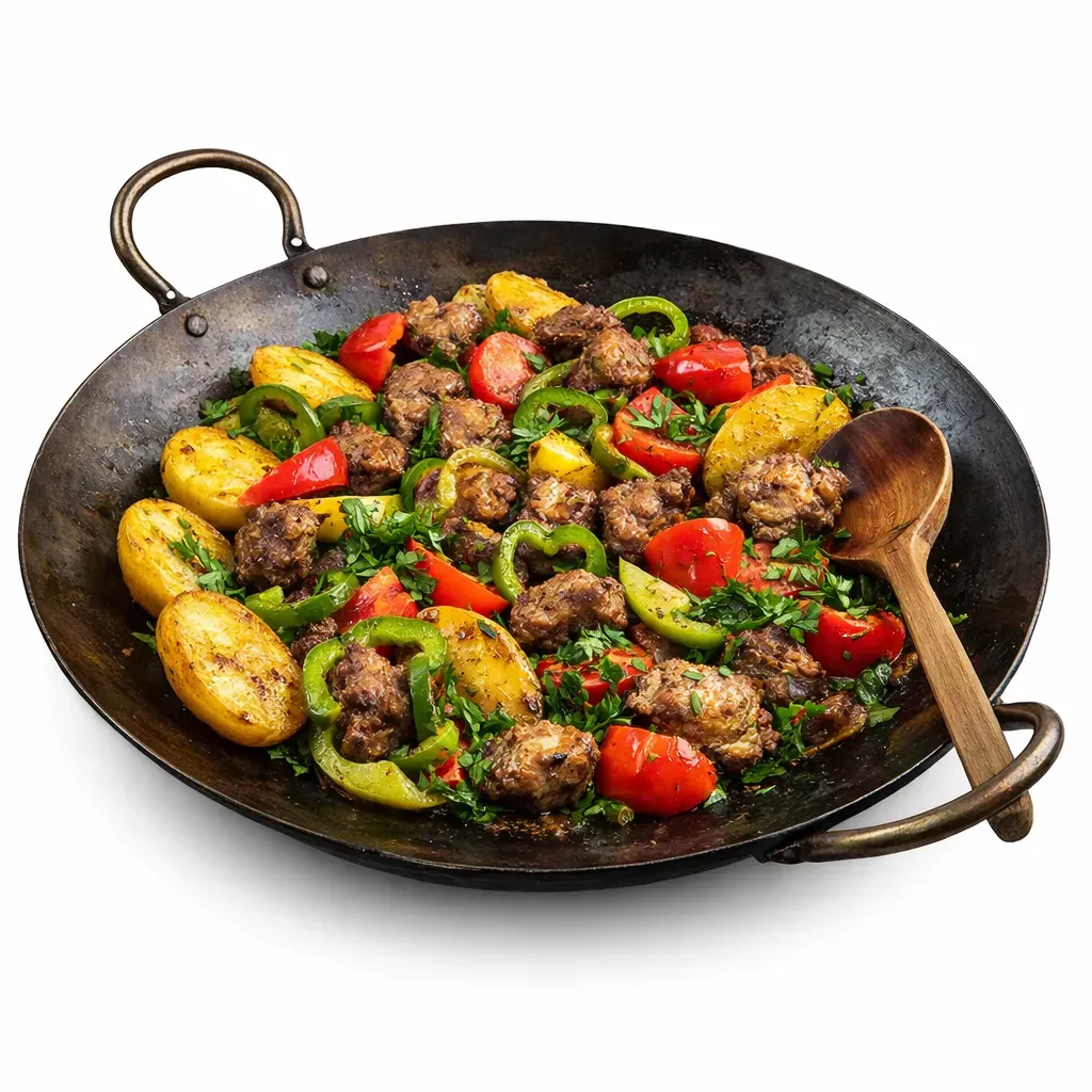 This Traditional Mixed Saç Kebab combines rich flavors of Azerbaijani and Turkish cuisines, featuring a mix of meats and vegetables grilled in a classic manner.