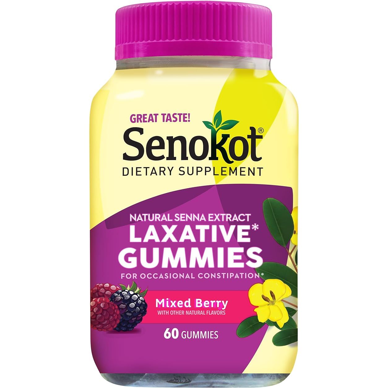 Senokot Dietary Supplement Laxative Gummies provide gentle, overnight relief from occasional constipation. These gummies contain natural senna extract, which is a non-prescription laxative approved by the FDA for occasional constipation. The mixed berry flavor makes them easy and enjoyable to consume, and they come in a 60 count bottle.