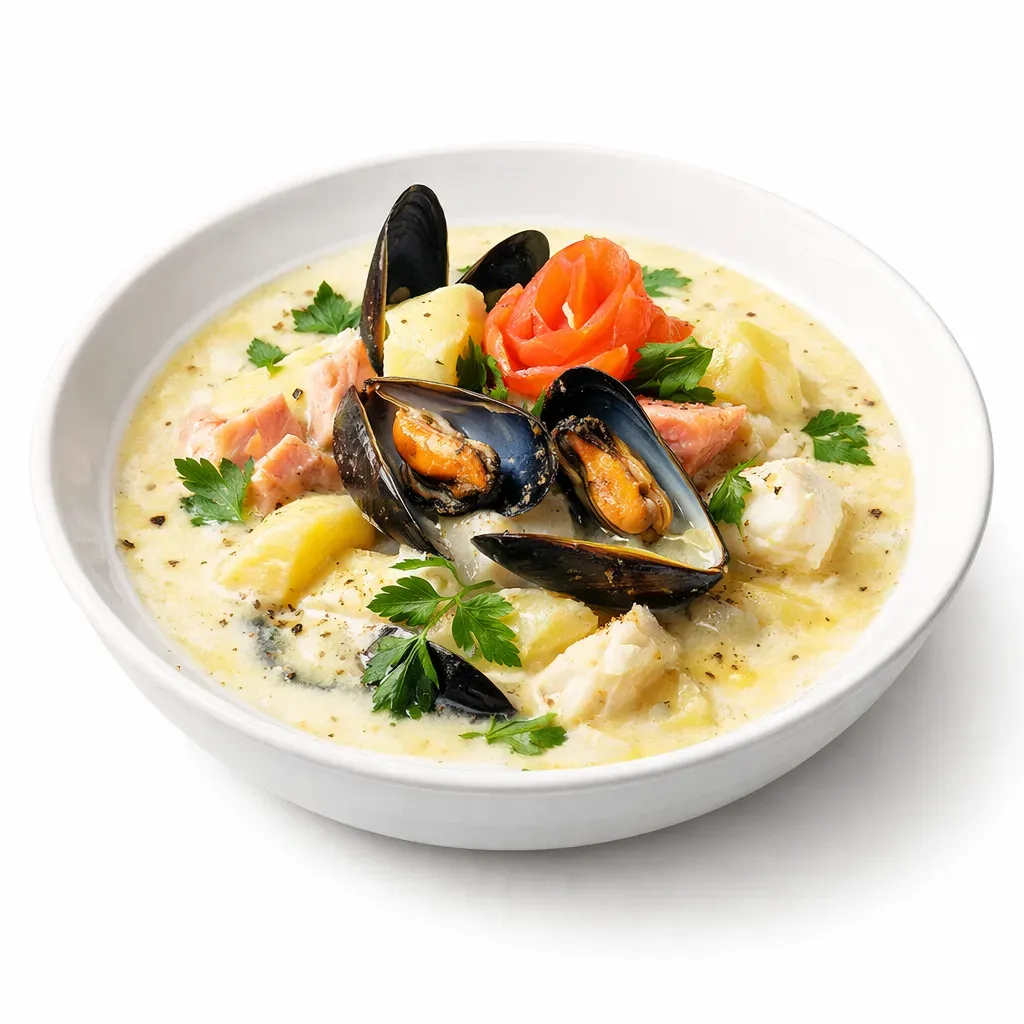 Dive into a bowl of authentic Irish comfort with this hearty seafood chowder. A harmonious blend of cod, smoked haddock, salmon, and mussels cooked with smoky bacon and tender potatoes, this dish is creamy, flavorful, and perfect for warming up on a chilly day.