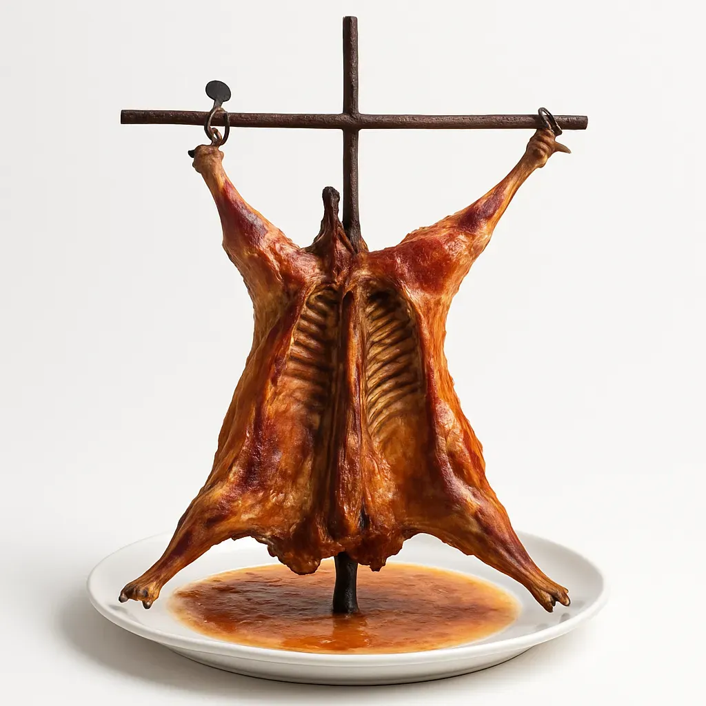 A traditional Patagonian dish of succulent young goat roasted over an open fire, served with rustic bread and a sweet-and-sour fruit side dish.