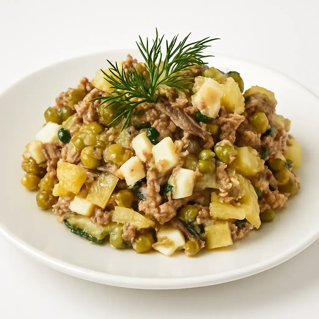 A hearty and quick salad combining Riga Sprats, Kwidzyn green peas, boiled potatoes, and cucumbers for a delightful appetizer or side dish.
