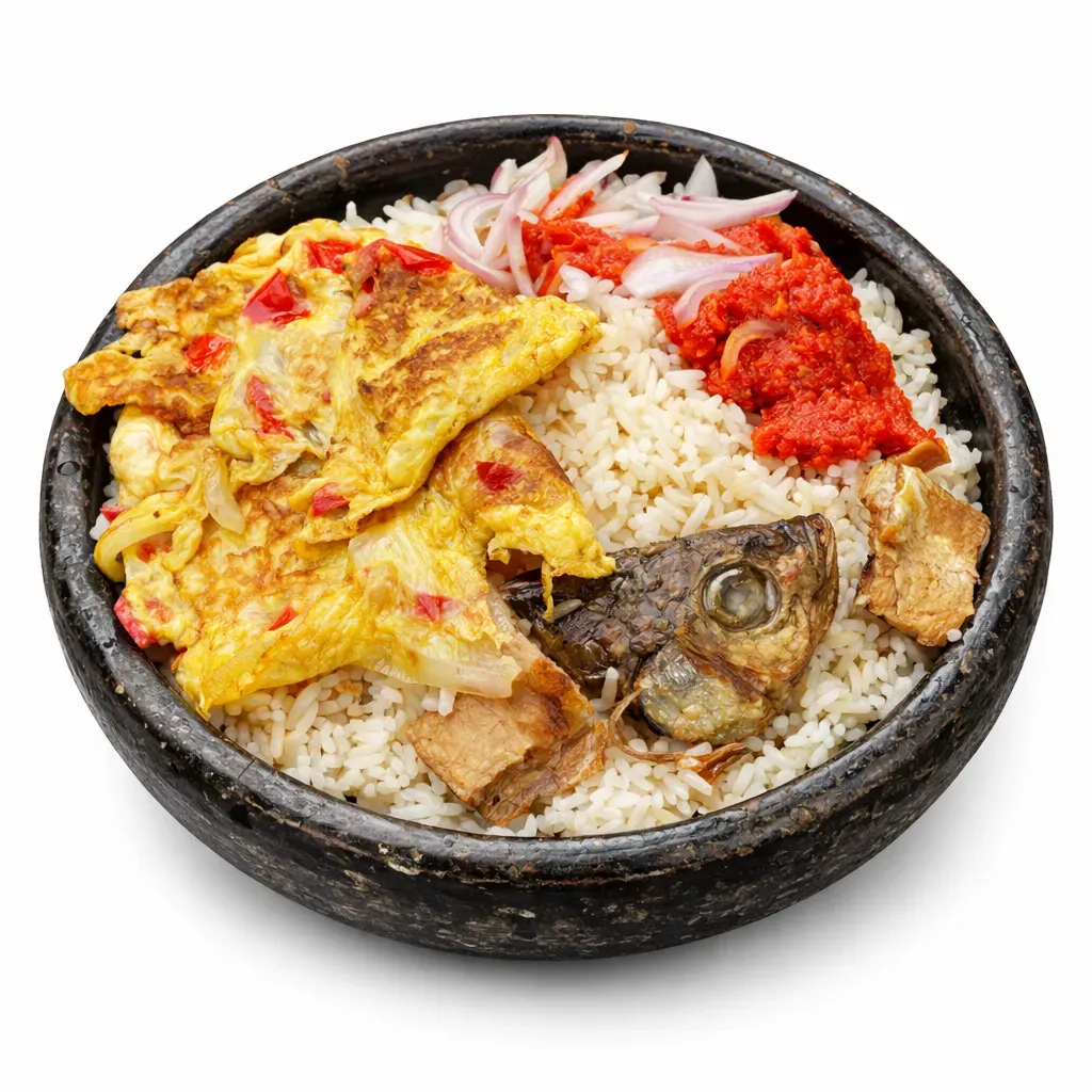 Dive into the rich and flavorful world of Ghanaian cuisine with Koobi Oil Rice, a comforting dish featuring rice infused with fried salted tilapia and complemented by a spicy pepper sauce and fried eggs.
