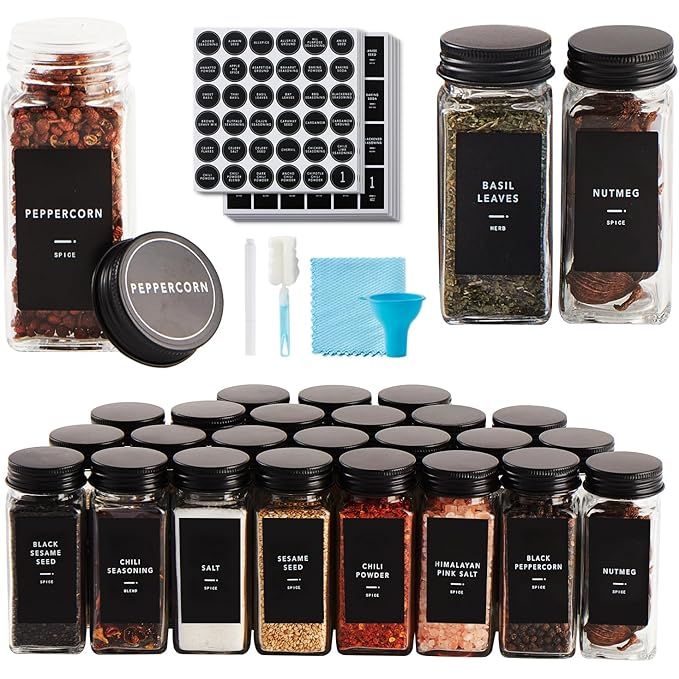 The 36 Pcs Spice Jars with Label are a complete set of glass spice jars with black metal caps, shaker lids, a funnel, chalk pen, brush, and cleaning cloth. Each jar has a 4oz capacity, making them perfect for storing a variety of spices and seasonings in your kitchen.