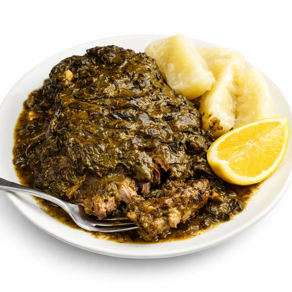 Indulge in the authentic flavors of Fiji with this rich and savory Lamb Rourou, featuring tender lamb necks and creamy coconut with taro leaves.