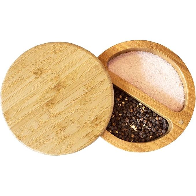 The Totally Bamboo Salt Keeper Duet is a versatile kitchen accessory that serves as both a salt and pepper bowl, as well as a storage box with two compartments. Crafted from durable and sustainable bamboo, this salt cellar features a sleek and stylish design that will complement any kitchen decor.