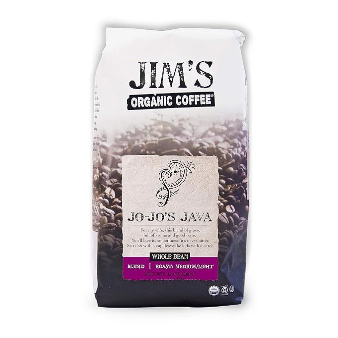 Jim’s Organic Coffee – Jo-Jo’s Java Blend is a medium/light roast coffee made from whole beans that come in a 12 oz bag. This blend is a combination of African, Central American, and Indonesian beans, resulting in a flavorful and complex taste profile.