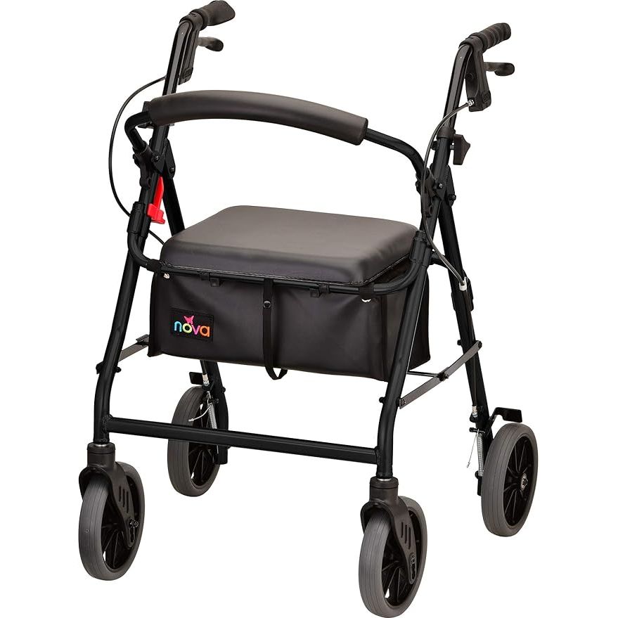 The NOVA Medical Products Zoom Rollator Walker with a 22" seat height in black is a versatile mobility aid for individuals with mobility limitations. It features a sturdy frame construction with a weight capacity of up to 300 pounds, providing support and stability for users.