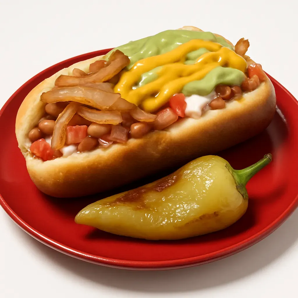 A delicious and hearty hot dog recipe wrapped in savory bacon and topped with sautéed onions, fresh tomatoes, creamy avocado sauce, and marinated chile güero peppers, capturing the essence of Sonoran street food.