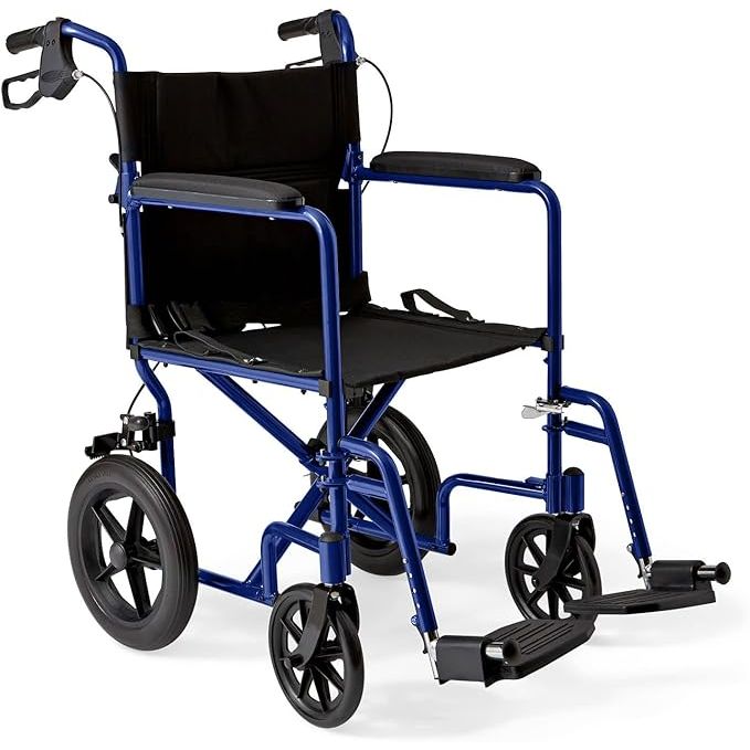 The Medline Lightweight Foldable Transport Wheelchair with Handbrakes and 12-Inch Wheels is a versatile and convenient mobility aid. It features a durable blue frame and black upholstery that is both stylish and easy to clean. The wheelchair is designed to be lightweight and foldable, making it easy to transport and store when not in use.